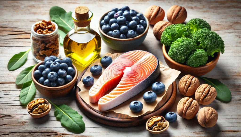 Salmon, walnuts, kale, blueberries, and olive oil representing foods to prevent dementia and Alzheimer’s