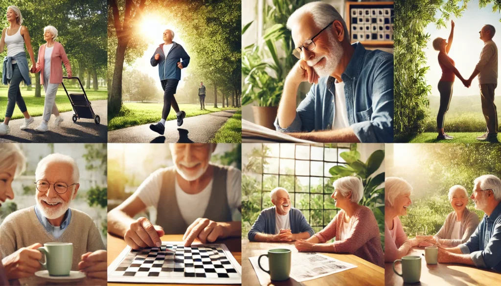 Active senior practicing habits to reduce dementia risk naturally like walking and mental games