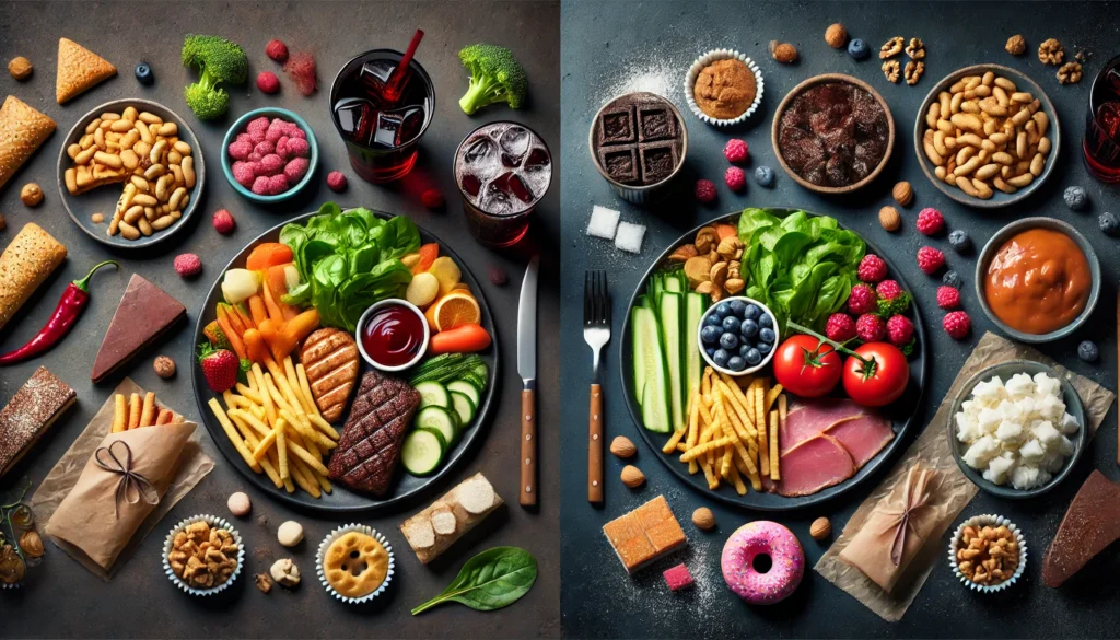 Visual contrast of dementia-preventing foods versus harmful processed items