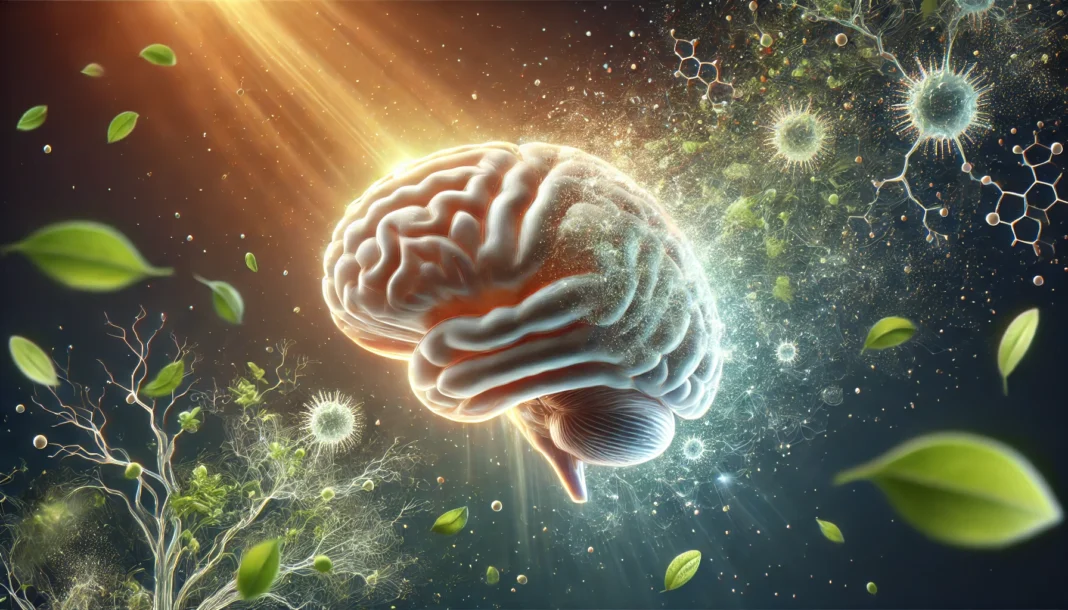Natural reduction of amyloid plaques shown as dissolving brain proteins around a healthy glowing brain – how to reduce amyloid plaques naturally