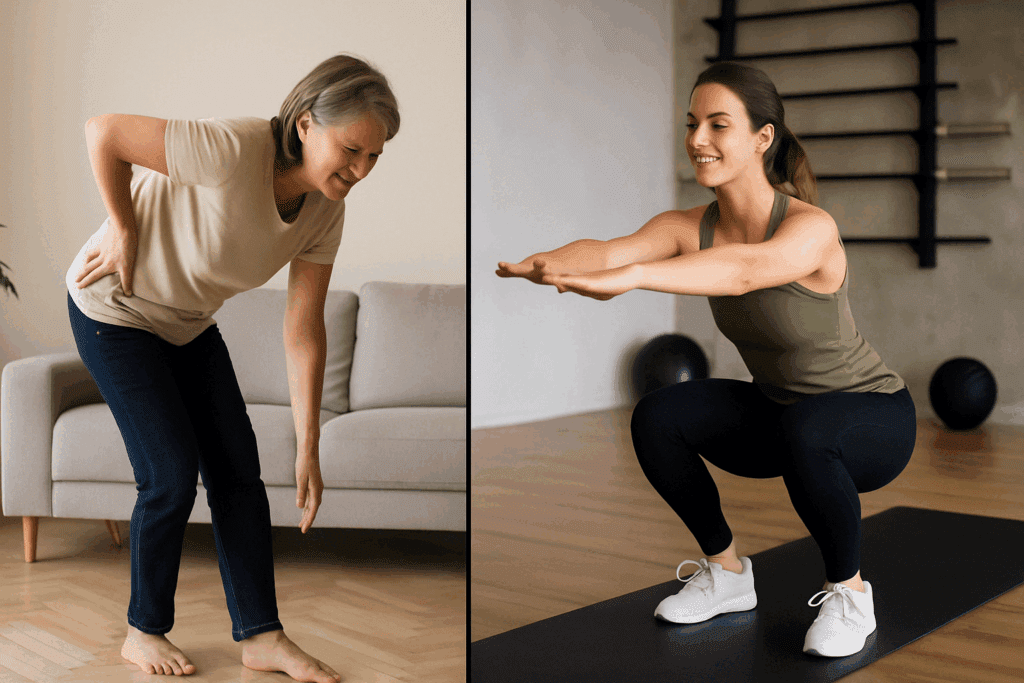 Side-by-side comparison showing a woman struggling to bend over and another performing a deep squat, illustrating How to Start Stretching.