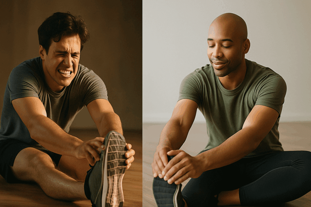 Two men demonstrating How to Start Stretching—one grimacing in pain from overstretching, the other stretching calmly with proper form.