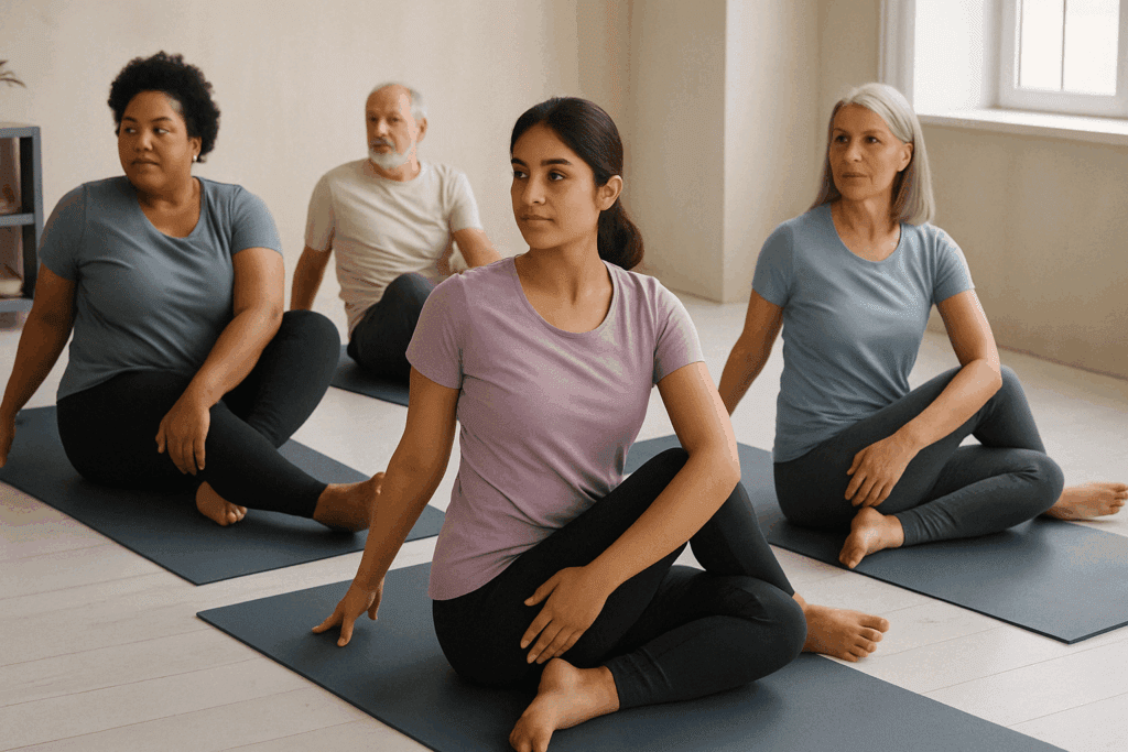 Diverse group practicing beginner yoga poses on mats in bright room, demonstrating How to Start Stretching.