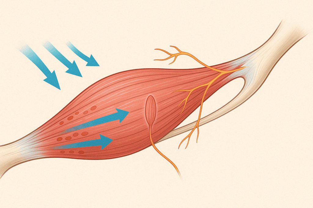Illustration of a muscle elongating with arrows showing blood flow, nerves, and fascia activity, visualizing how to start stretching.