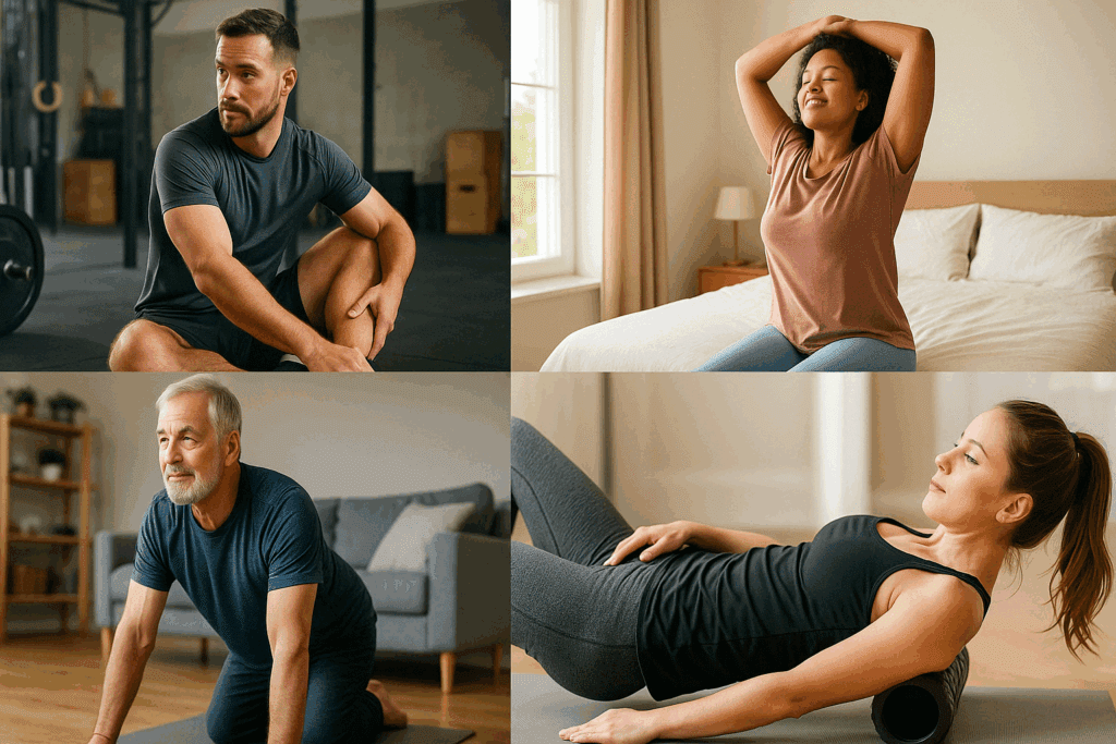 Collage of people demonstrating How to Start Stretching in everyday settings, including gym, bedroom, living room, and using a foam roller.
