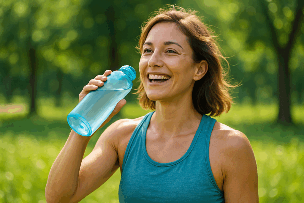 Woman outdoors drinking water showing benefits of how to stay hydrated for wellness.