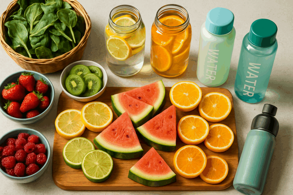 Infused waters and fruits organized for best strategies on how to stay hydrated.