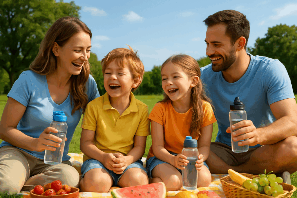 Family outdoors enjoying healthy lifestyle representing the benefits of how to stay hydrated.