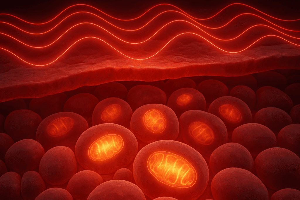 Visualization of low level laser therapy showing red and near-infrared light waves penetrating muscle tissue and activating mitochondria at a cellular level