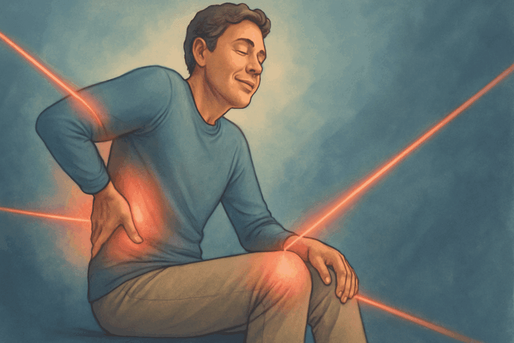 Man experiencing pain relief with low level laser therapy targeting lower back and knee, appearing relaxed against a soft blue background.