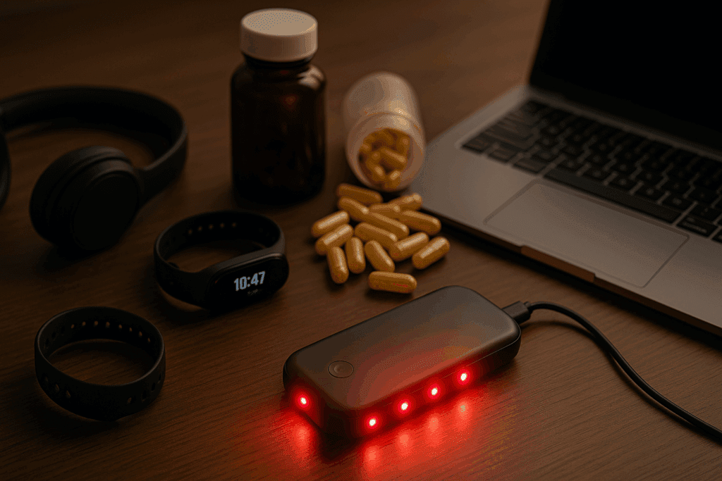 Biohacker’s desk with wearable fitness trackers, supplements, laptop, and a glowing low level laser therapy device symbolizing health optimization