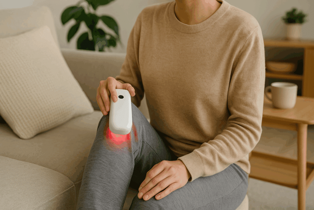 Person using a low level laser therapy device on their knee in a cozy home setting for pain relief and self-care