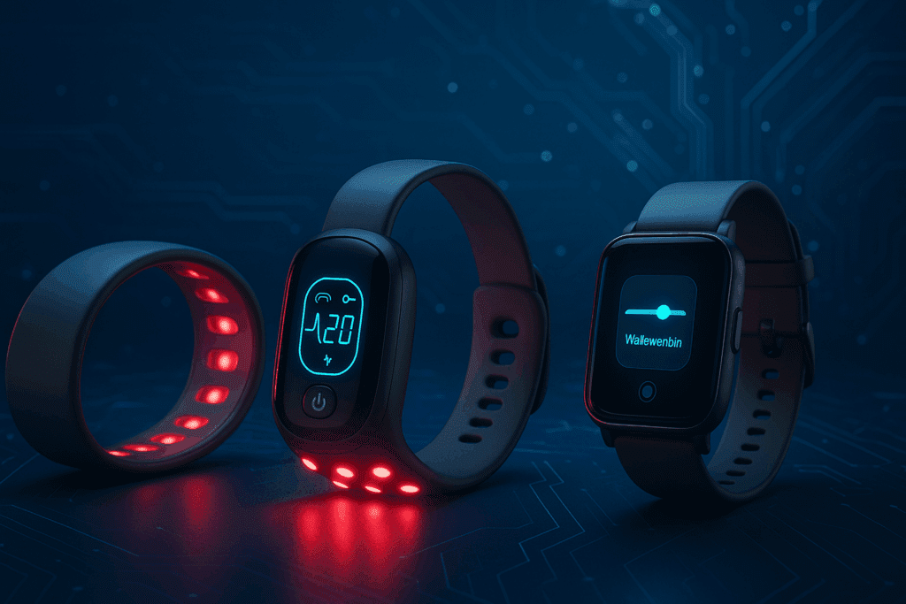 Sleek wearable low level laser therapy devices with smart displays and adjustable red light settings in a futuristic tech environment