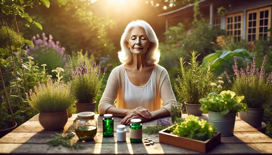 Elderly woman in herbal garden with supplements and tea, representing natural remedies for dementia