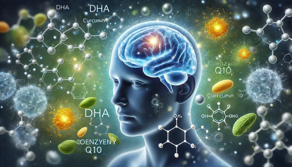  Brain surrounded by curcumin, DHA, and antioxidant molecules illustrating natural remedies for dementia