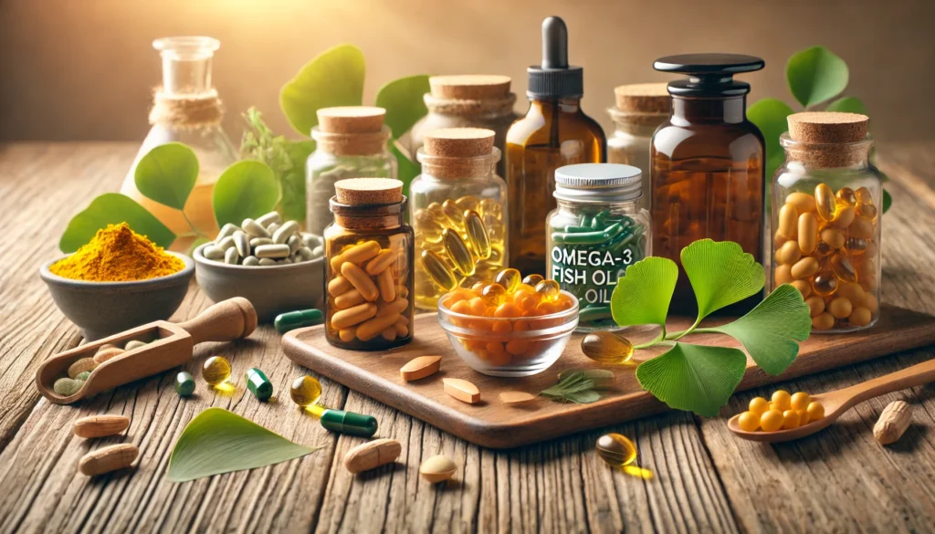 Table with natural supplements like turmeric, ginkgo biloba, and fish oil for natural remedies for dementia