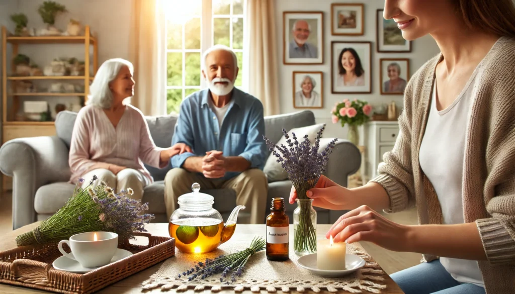 Elderly woman using aromatherapy and herbal tea as home-based natural remedies for dementia