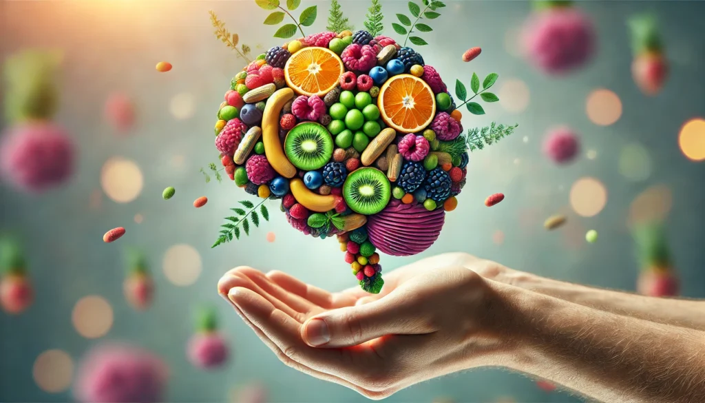 Brain-shaped collage of herbs and supplements in hand, symbolizing holistic natural remedies for dementia