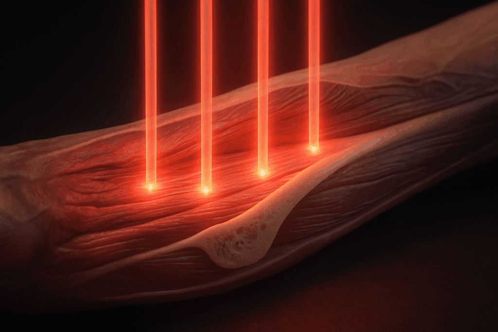 Cross-section of a human arm showing near infrared light therapy beams penetrating skin, muscles, and bone layers.