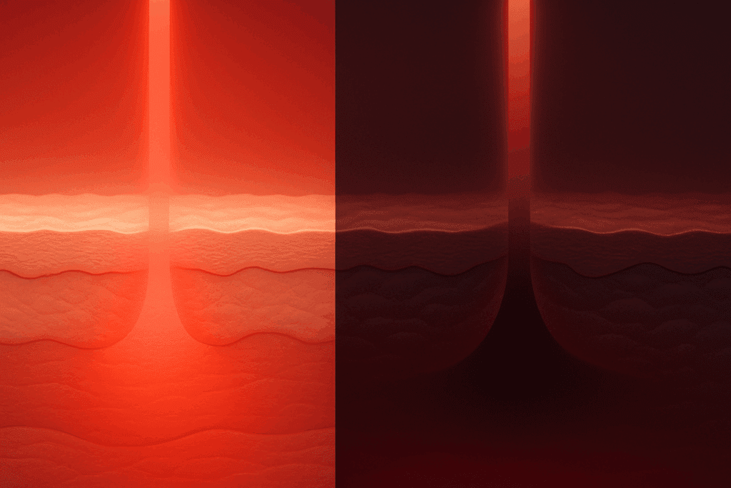 Split-screen conceptual illustration showing shallow skin penetration by red light on the left and deep tissue penetration by near infrared light therapy on the right.