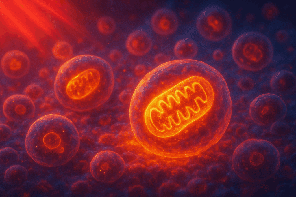 Glowing mitochondria inside human cells activated by near infrared light therapy, illustrating cellular energy enhancement