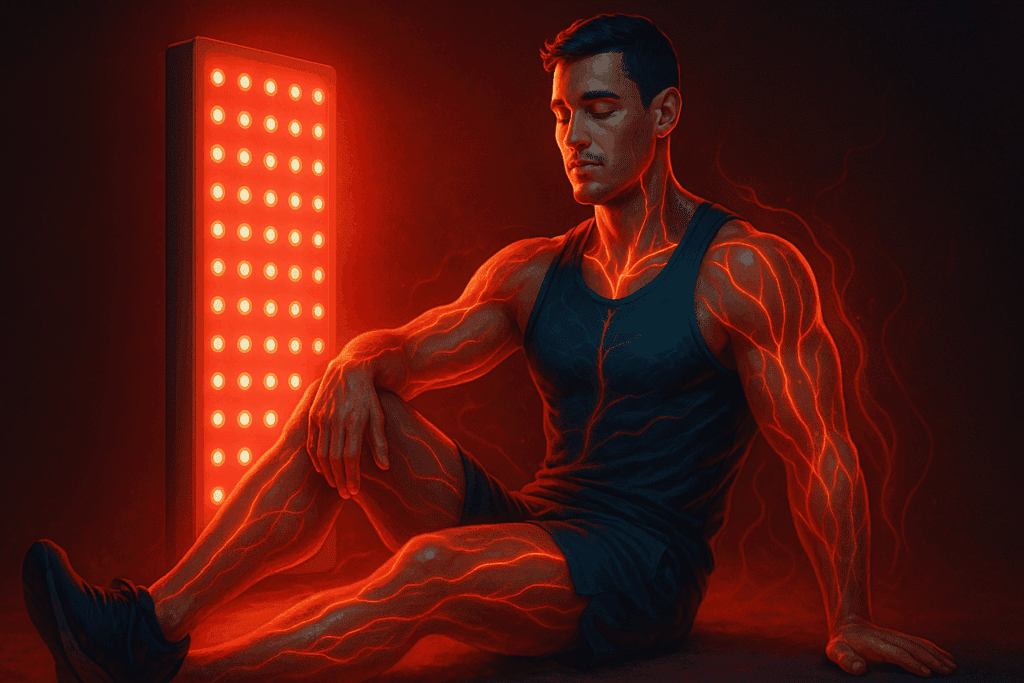 Athlete recovering after intense training with near infrared light therapy, muscles glowing with enhanced circulation and energy flow.