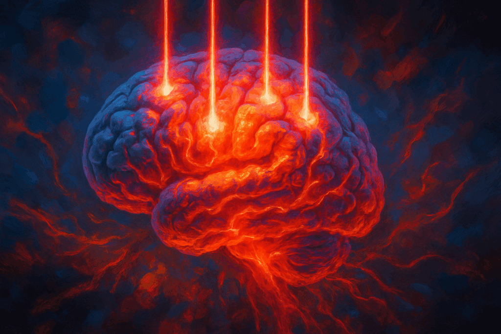 Artistic rendering of a human brain illuminated by near infrared light therapy beams, enhancing cognitive function with vibrant energy flow