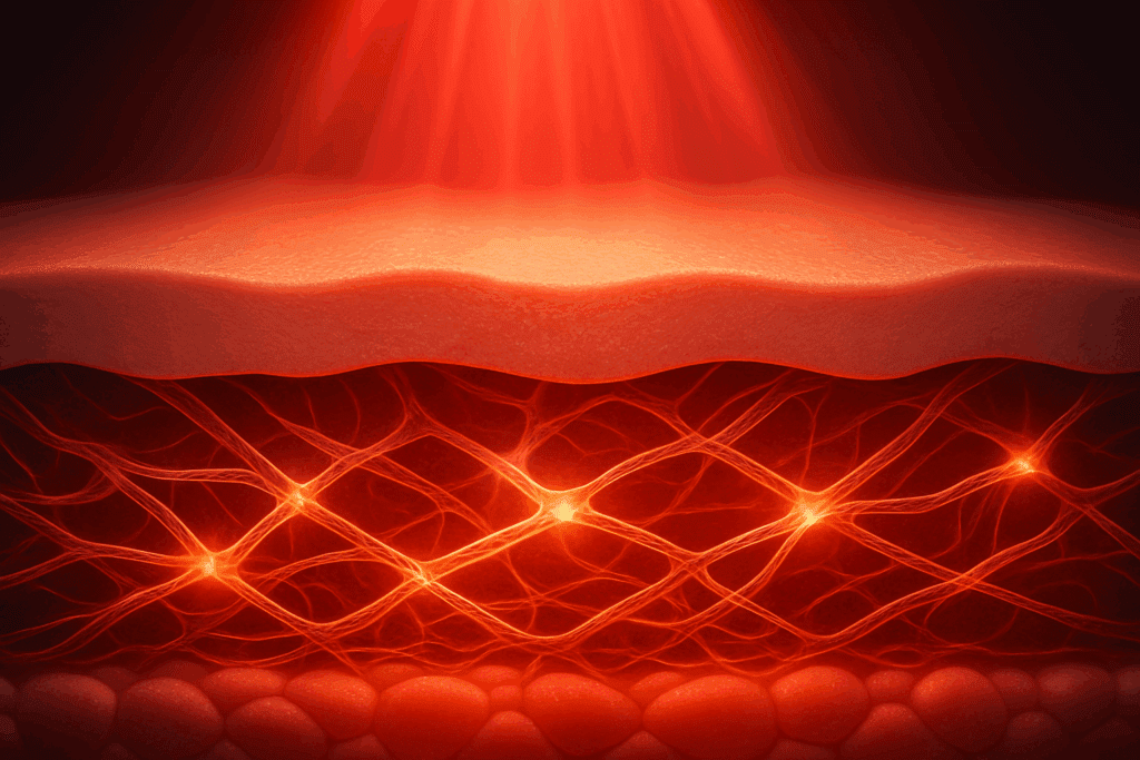 Cross-section of youthful skin layers showing collagen fibers regenerating under near infrared light therapy