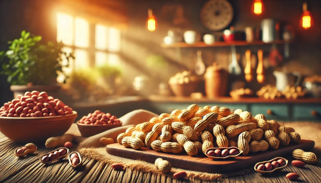Fresh unshelled peanuts on a rustic kitchen table, symbolizing why peanuts are healthy and nutritious.