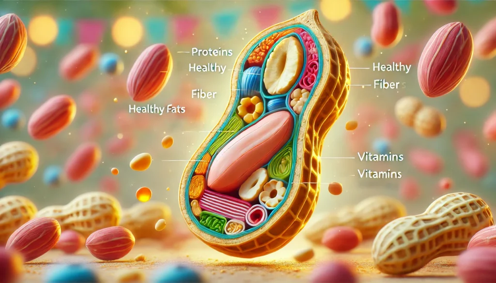 Detailed 3D digital illustration of peanut nutrients emphasizing why peanuts are healthy sources of protein, fiber, and vitamins.