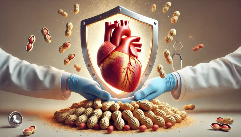 Protective heart shielded by peanuts, highlighting peanuts are healthy for cardiovascular wellness and heart protection.