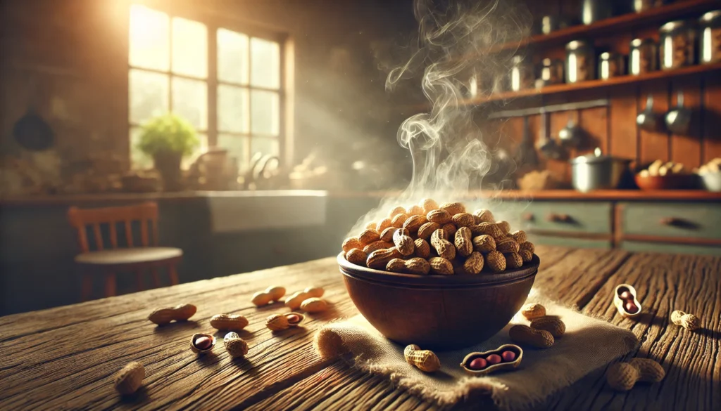 Freshly roasted peanuts on a rustic counter, illustrating that roasted peanuts are healthy when prepared properly.