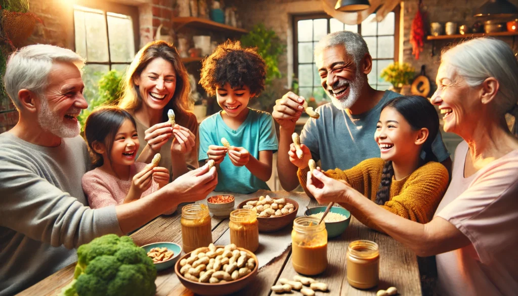 Happy family enjoying peanuts together, reinforcing how peanuts are healthy and support all ages across generations.