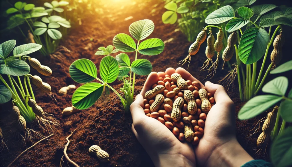 Peanuts growing in soil under peanut plants, symbolizing the sustainability and natural benefits proving peanuts are healthy.