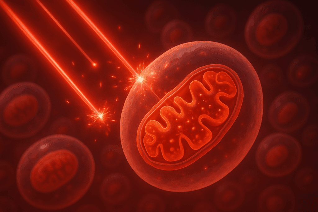 Mitochondria inside human cells absorbing energy from red and near-infrared beams during photobiomodulation red light therapy