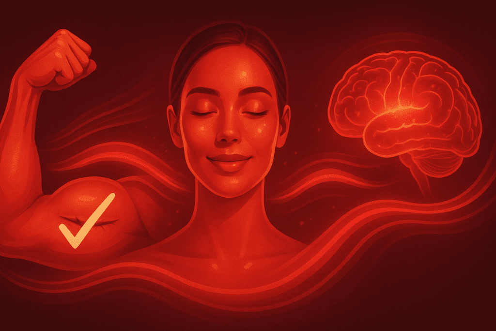 Healing muscle, glowing skin, and illuminated brain interconnected by flowing light waves representing benefits of photobiomodulation red light therapy