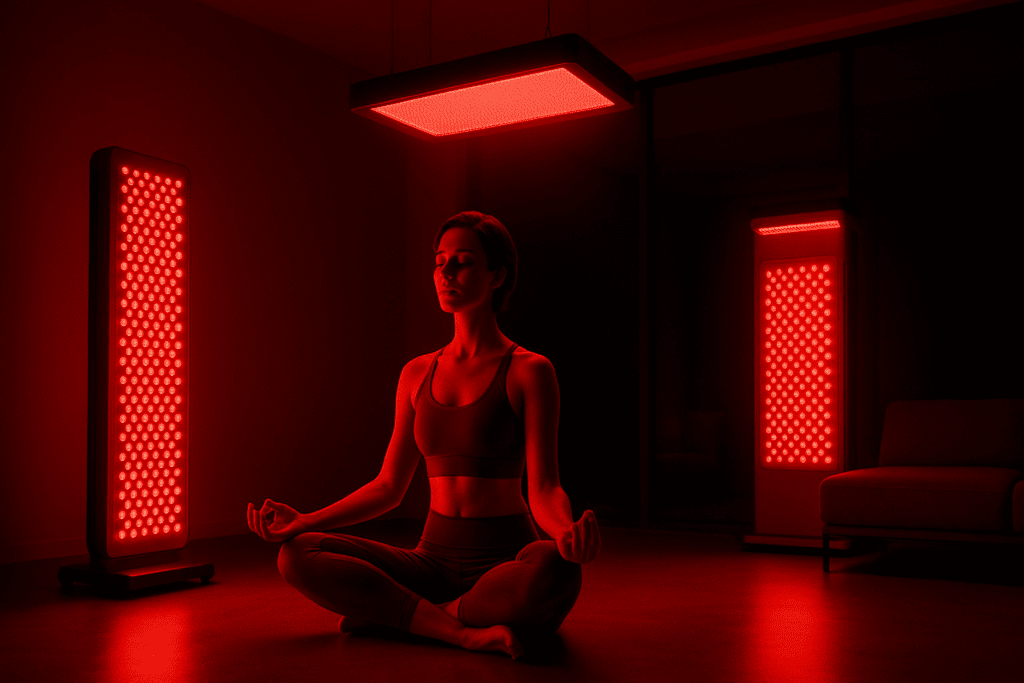 Person meditating under advanced photobiomodulation red light therapy panels in a futuristic home wellness setup