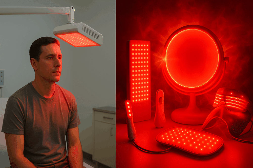 Clinical photobiomodulation red light therapy session contrasted with chaotic consumer devices emitting exaggerated glowing effects.