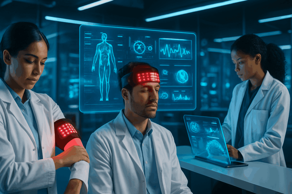 Scientists working in a futuristic lab testing wearable devices for photobiomodulation red light therapy with holographic AI biofeedback displays