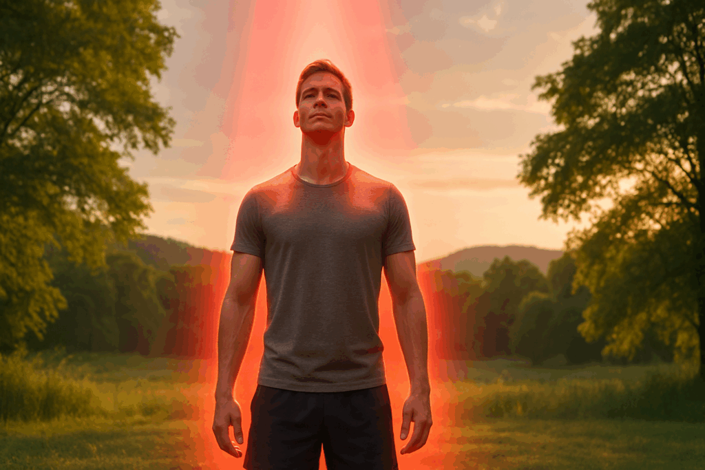 Person standing in a sunlit meadow under a soft beam of red light, symbolizing health and vitality through photobiomodulation red light therapy.