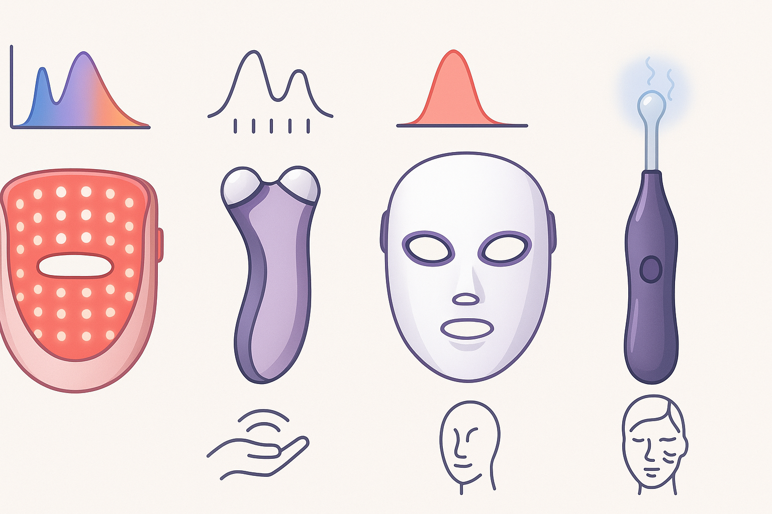 Conceptual comparison of futuristic skincare devices showing therapy types, ergonomic designs, and wavelength graphs for evaluating a red light face sculptor.