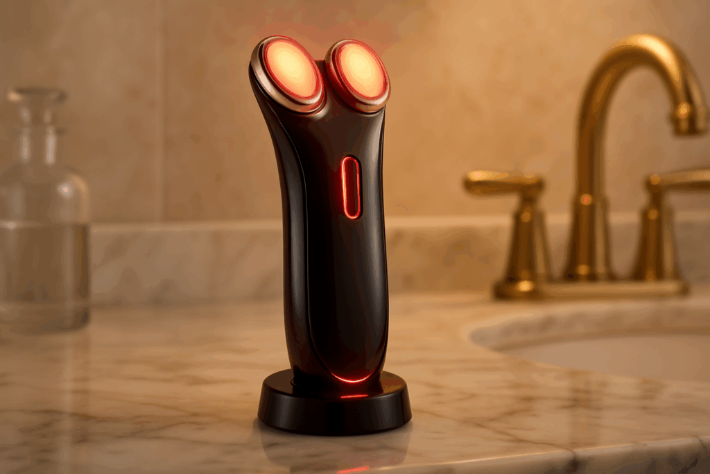Sleek red light face sculptor device glowing faintly on a marble vanity counter, symbolizing premium skincare technology