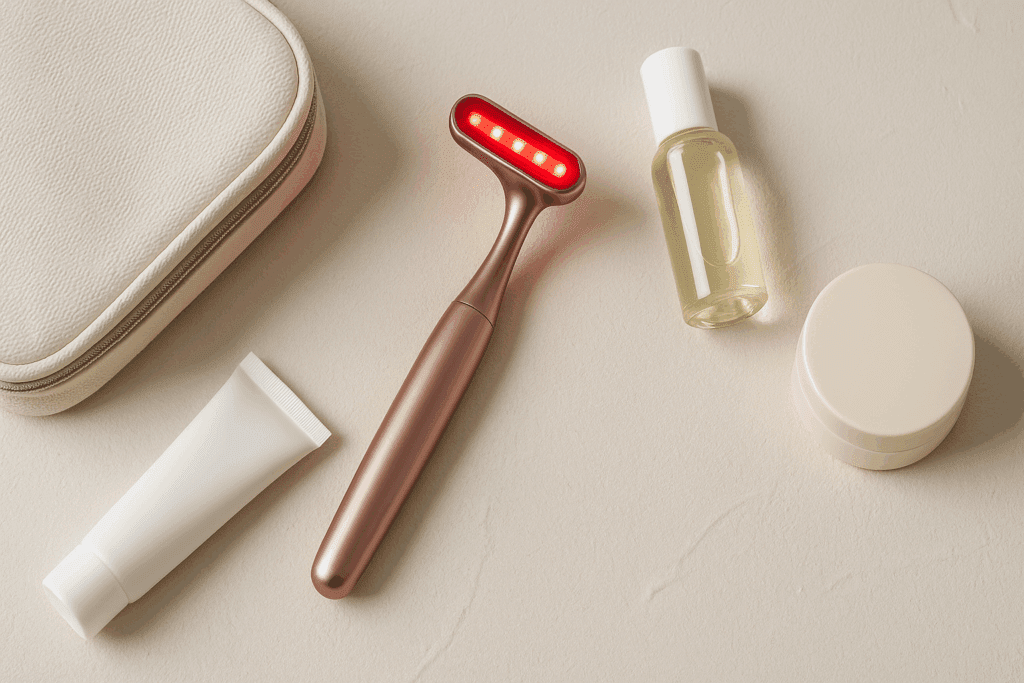Travel skincare flatlay featuring a compact red light face sculptor glowing on a cream surface with minimal beauty essentials