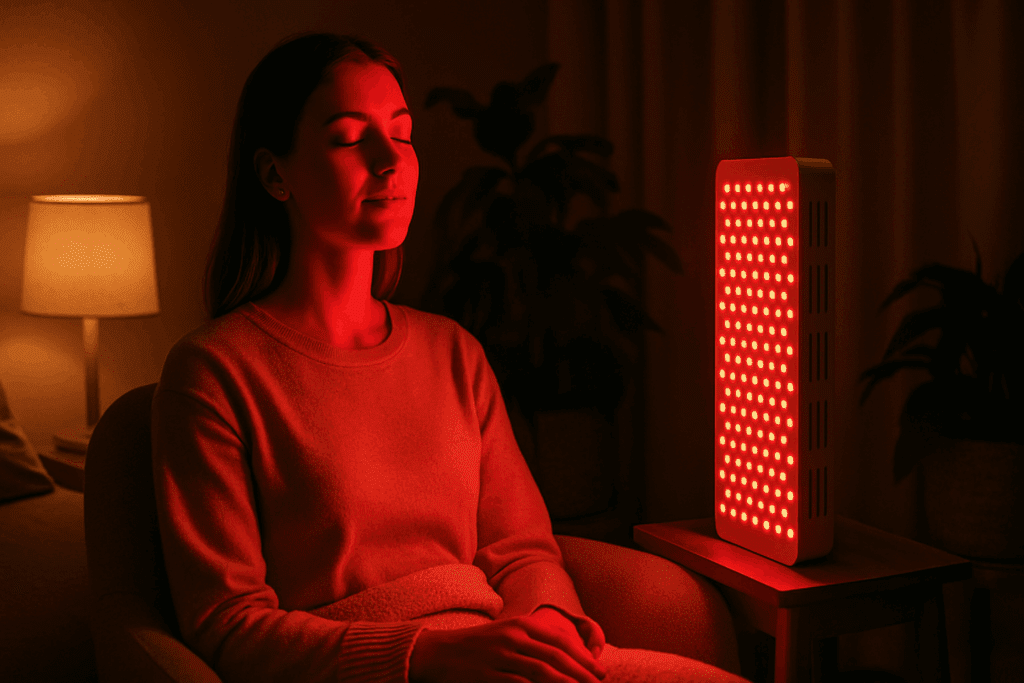 Woman relaxing during nighttime red light face sculptor therapy session in cozy bedroom with soft ambient lighting.