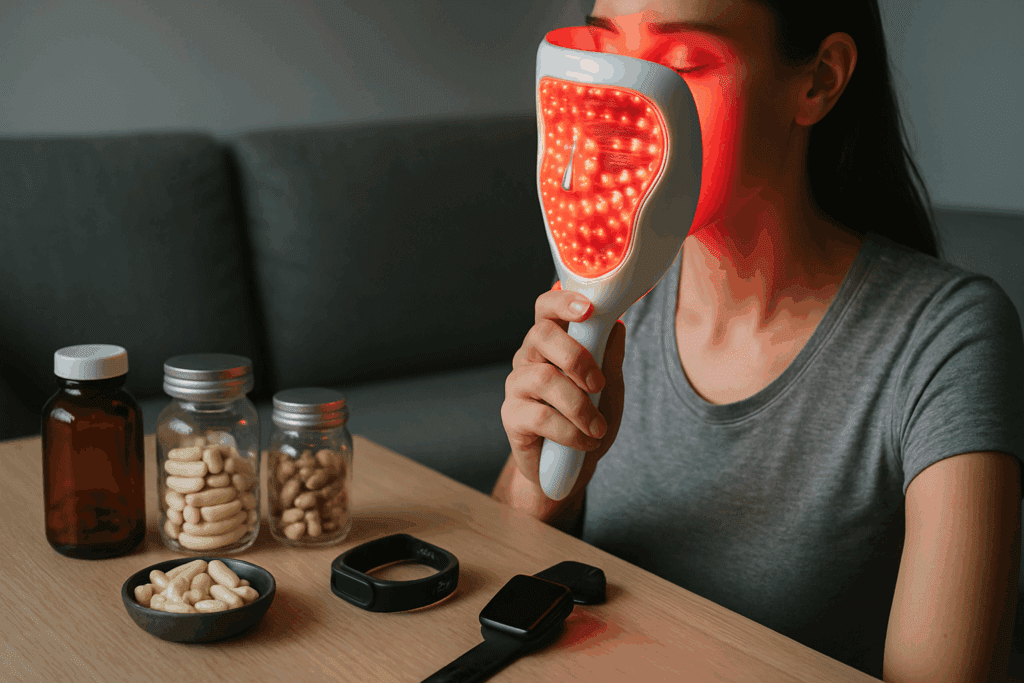 Woman using a red light face sculptor at home surrounded by supplements, smartwatch, and fitness tracker for biohacking.