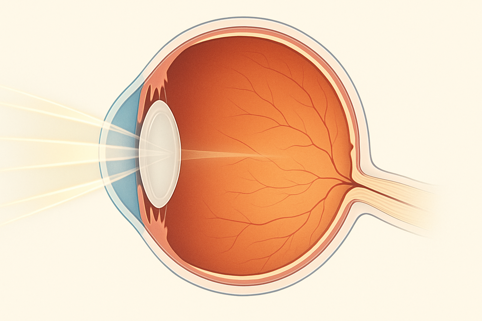 Anatomical illustration of the human eye showing cornea, lens, retina, and optic nerve with light beams passing through, supporting research on Red Light Therapy for Eye Health