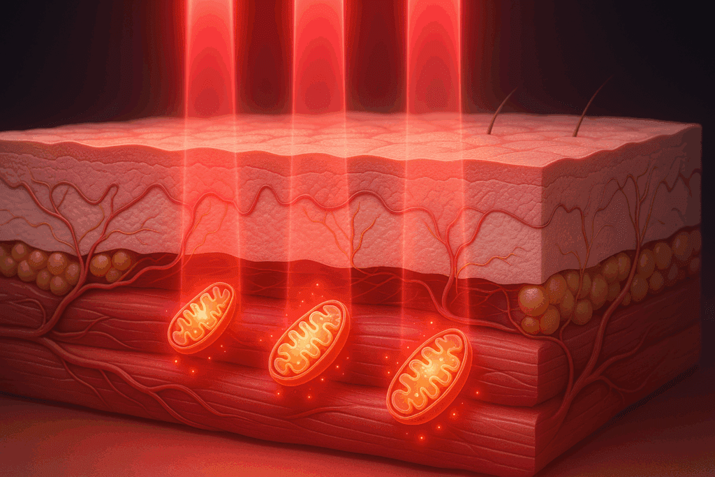 Cross-section of human skin showing red light therapy penetrating to mitochondria in muscle tissue, promoting cellular energy and muscle recovery.
