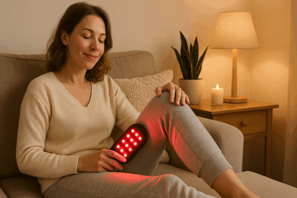 Woman using red light therapy on her leg while relaxing in a cozy living room, promoting natural muscle recovery.
