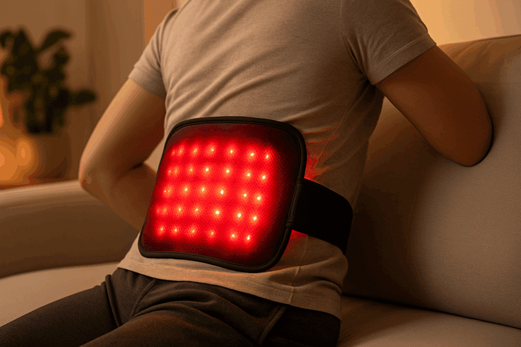 Person using red light therapy device on lower back in a calm home setting for enhanced muscle recovery.