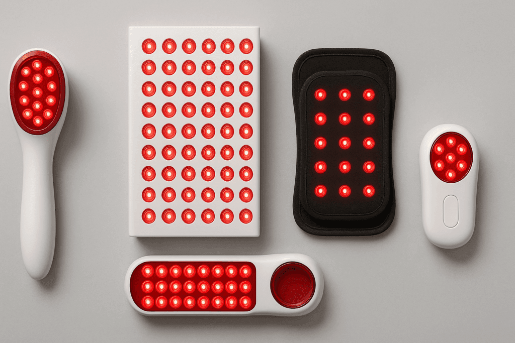 Flat lay of modern red light therapy devices including handheld, panel, and wearable types designed to support Muscle Recovery
